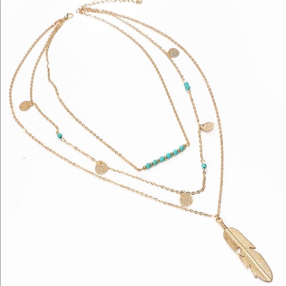 Feather Pendant Layered Chain Necklace - Picture 2 of 3